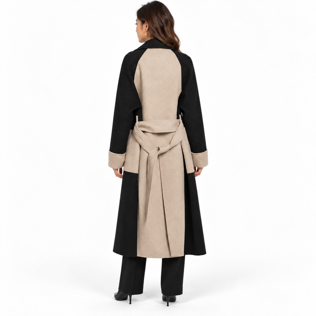 Winter Loose Fit Color Block Woolen Coat — black back