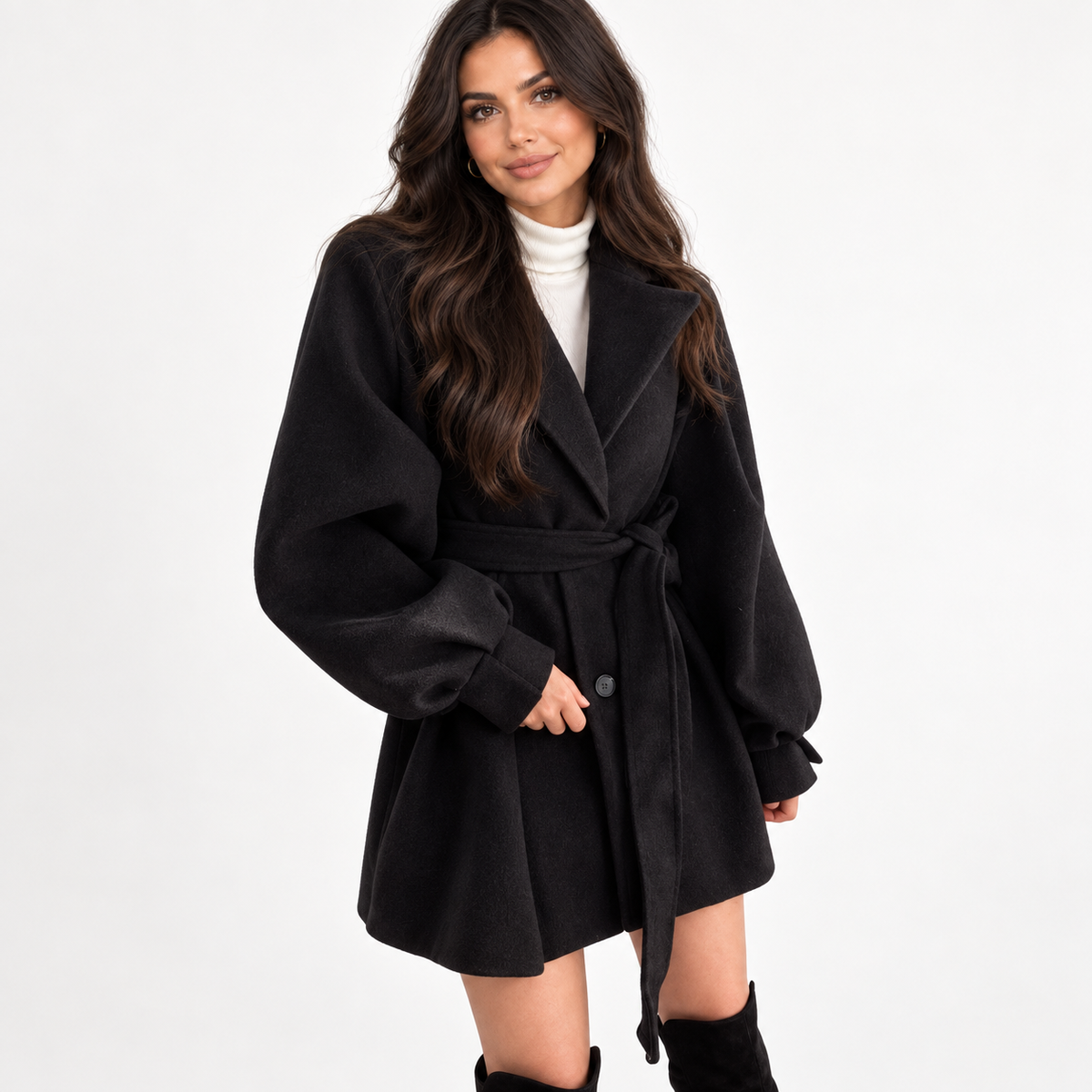 Women's mid-length wool coat — black three quarter
