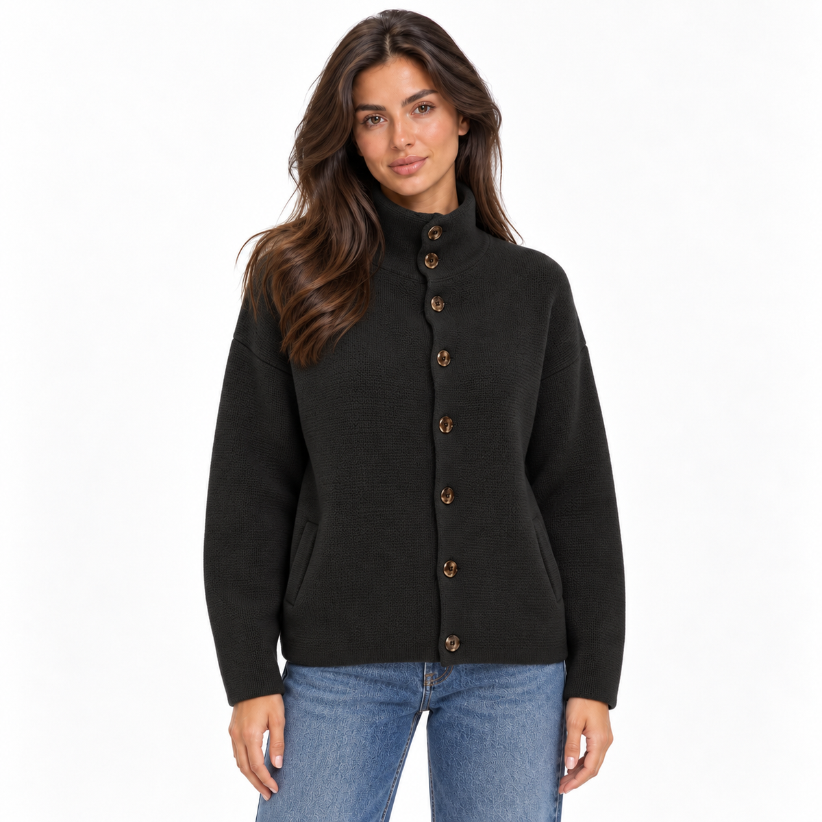 Stand-Up Collar Long-Sleeved Knitted Cardigan — black front