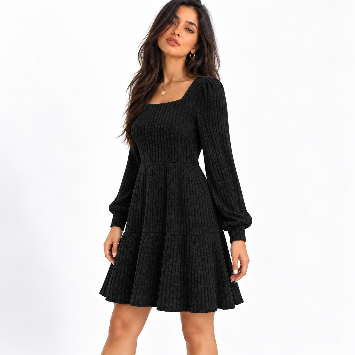 Women's Square Collar Long Sleeve Sweater Dress — black front