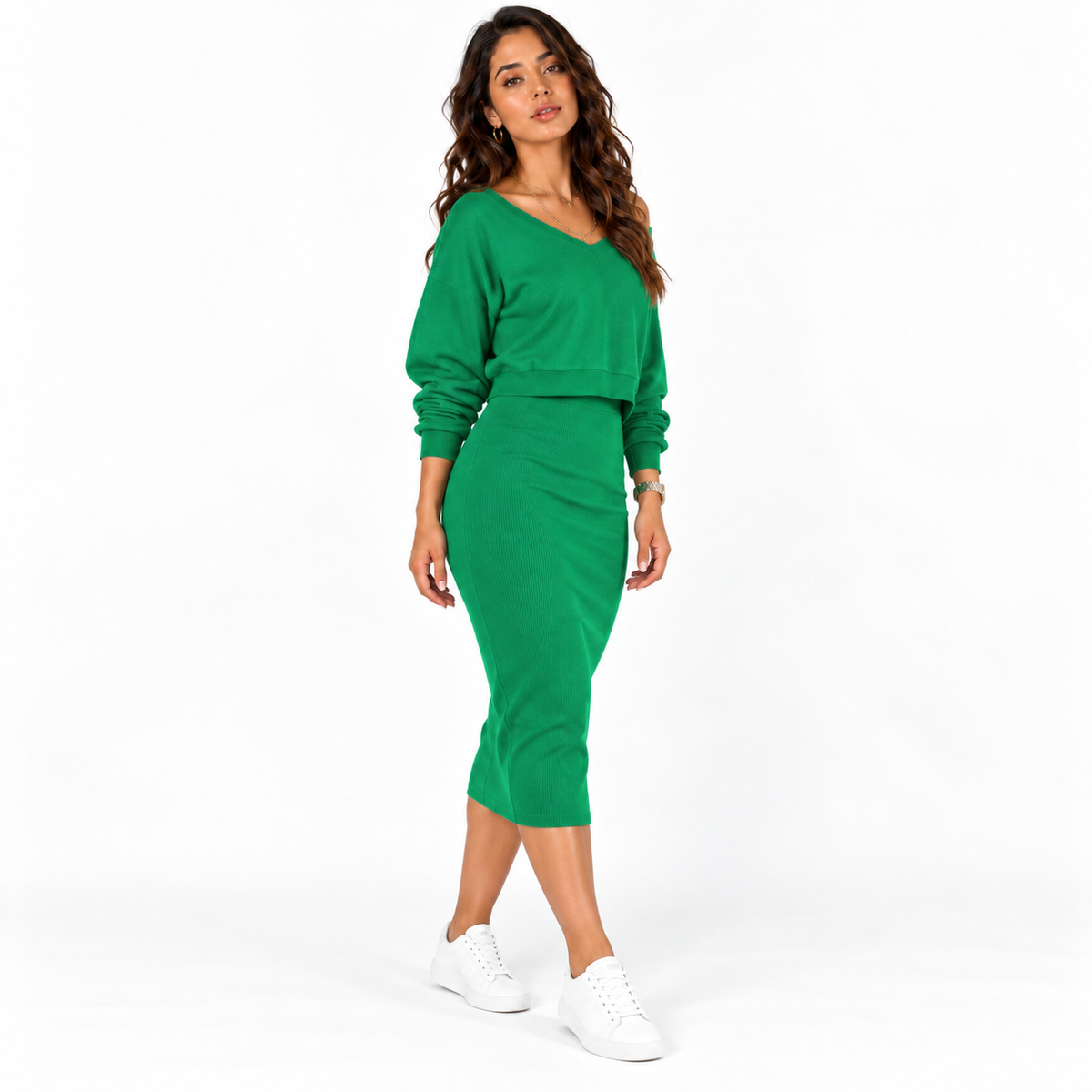 Women's Vest Dress Knit Sweater Two-Piece Set — green front