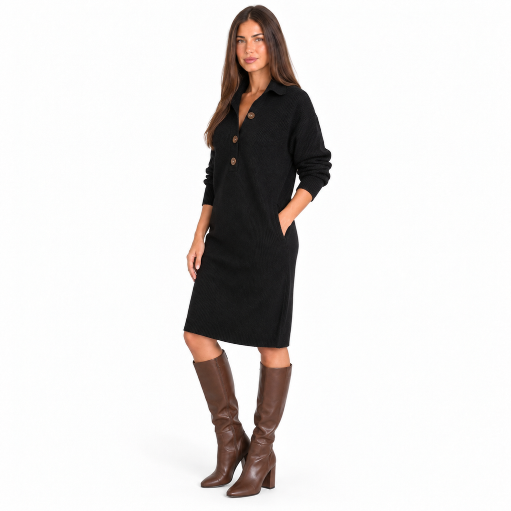 Casual collared loose-fitting mid-length sweater dress — black three quarter