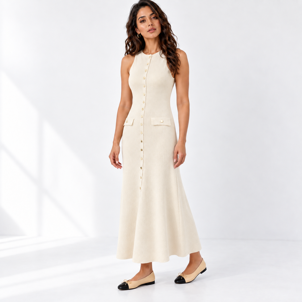 French Sleeveless Knit Dress — apricot three quarter