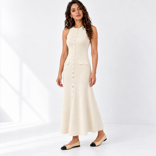 French Sleeveless Knit Dress — apricot three quarter