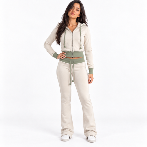 Fashion Color-Block Knit Sweatshirt and Long Pants Set — gray front
