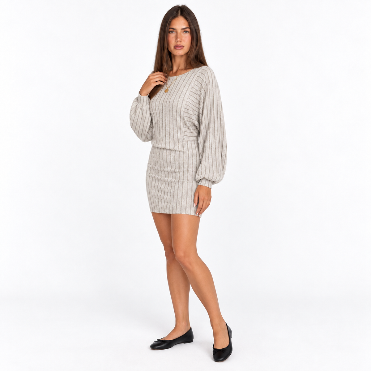 Irregular Hem Ribbed Knit Dress — apricot ash, three-quarter view