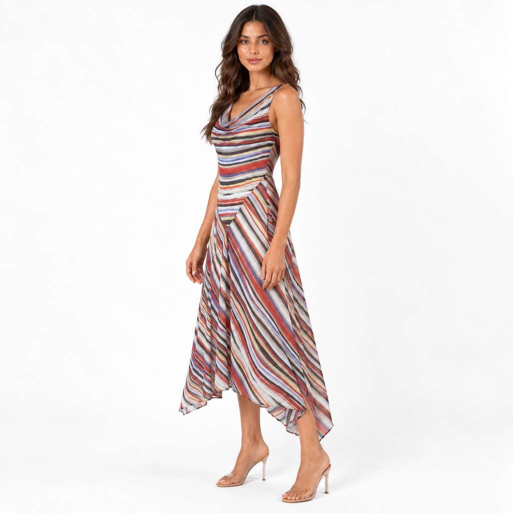 Retro Striped Spaghetti Strap Midi Dress — stripes three quarter