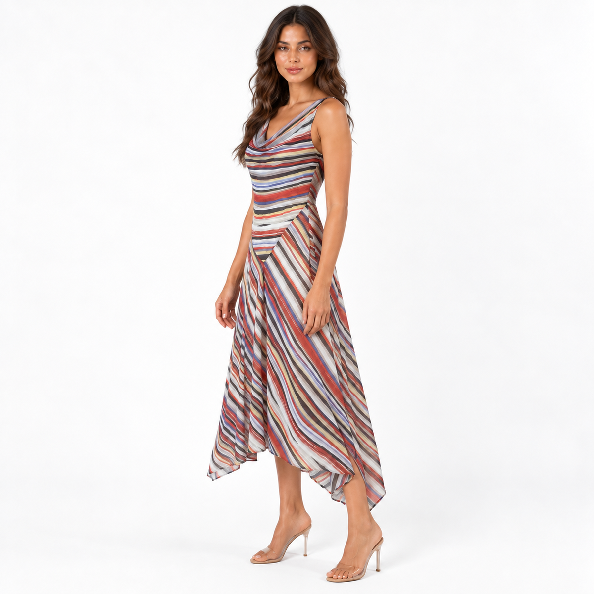 Retro Striped Spaghetti Strap Midi Dress — stripes three quarter