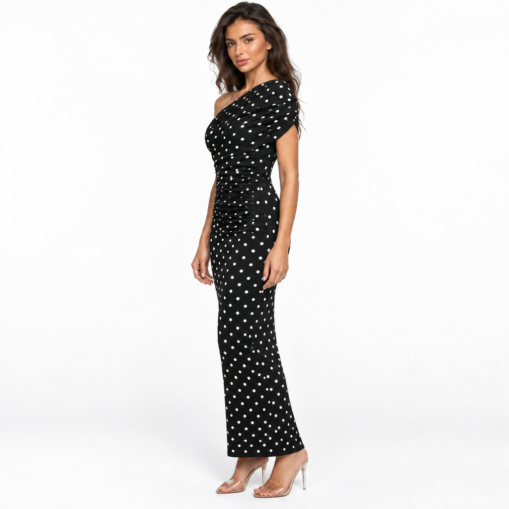 French Style Polka Dot Knit Long Dress — black three quarter