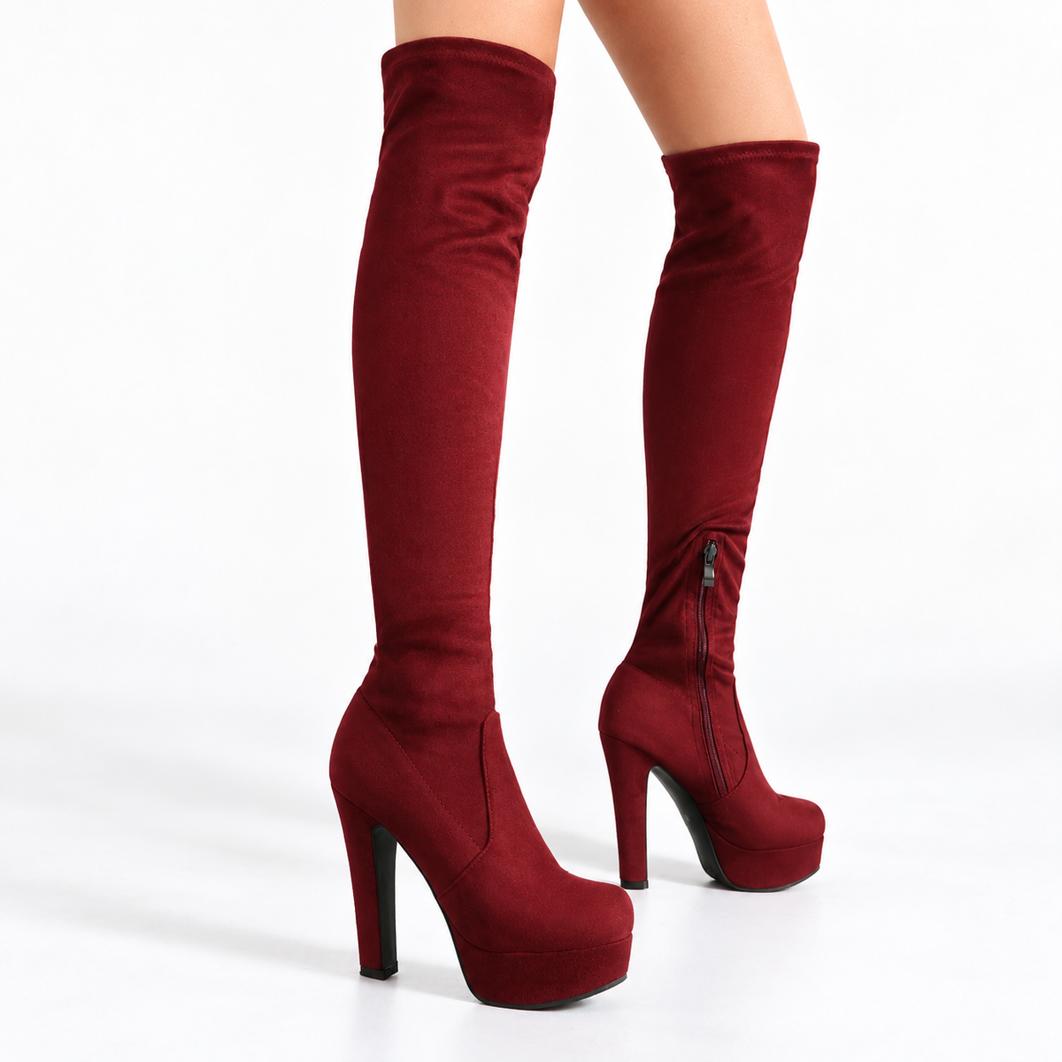Over-the-Knee Boots Women High Heel Stretch Long Boots — burgundy thick heel front