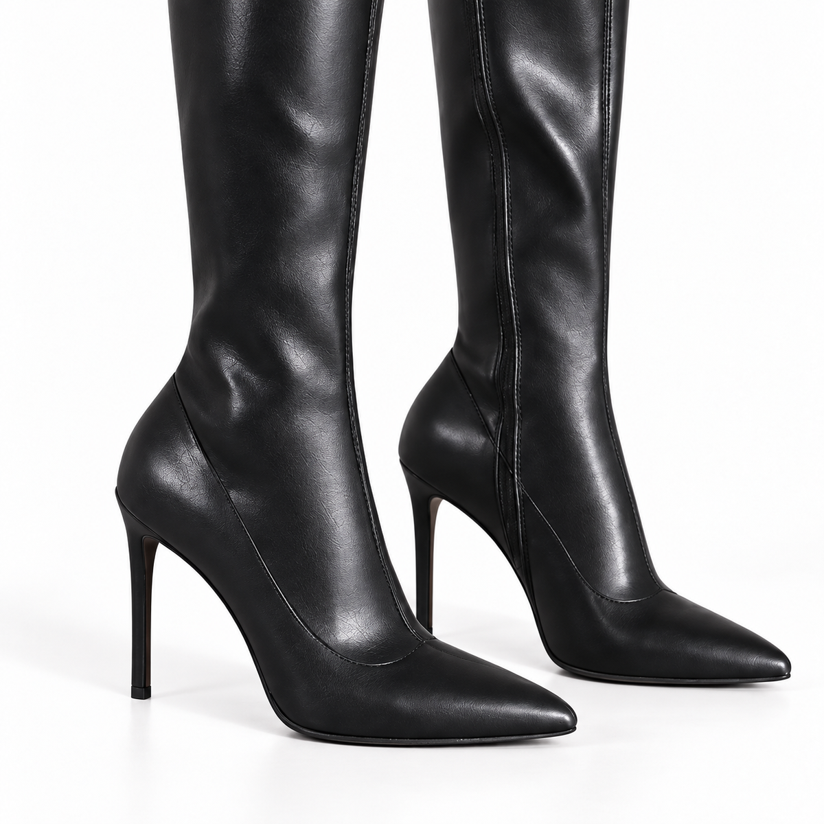 Knee High Heel Boots Pointed Toe — black 6cm single layer detail