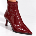 Patent Leather Pointed Toe Stiletto Heel Ankle Boots — wine red detail