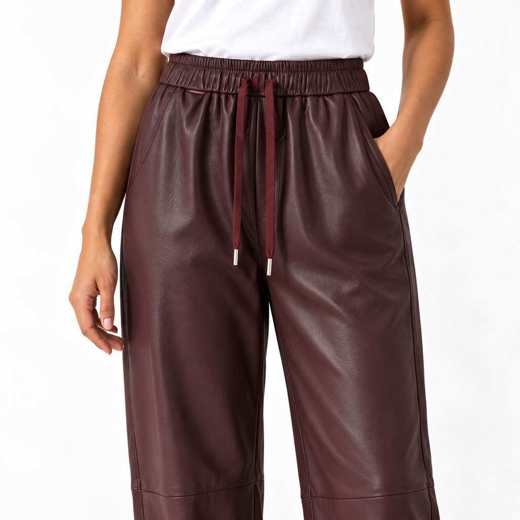 Women's Matte PU Leather High Waisted Tapered Pants — angola red detail