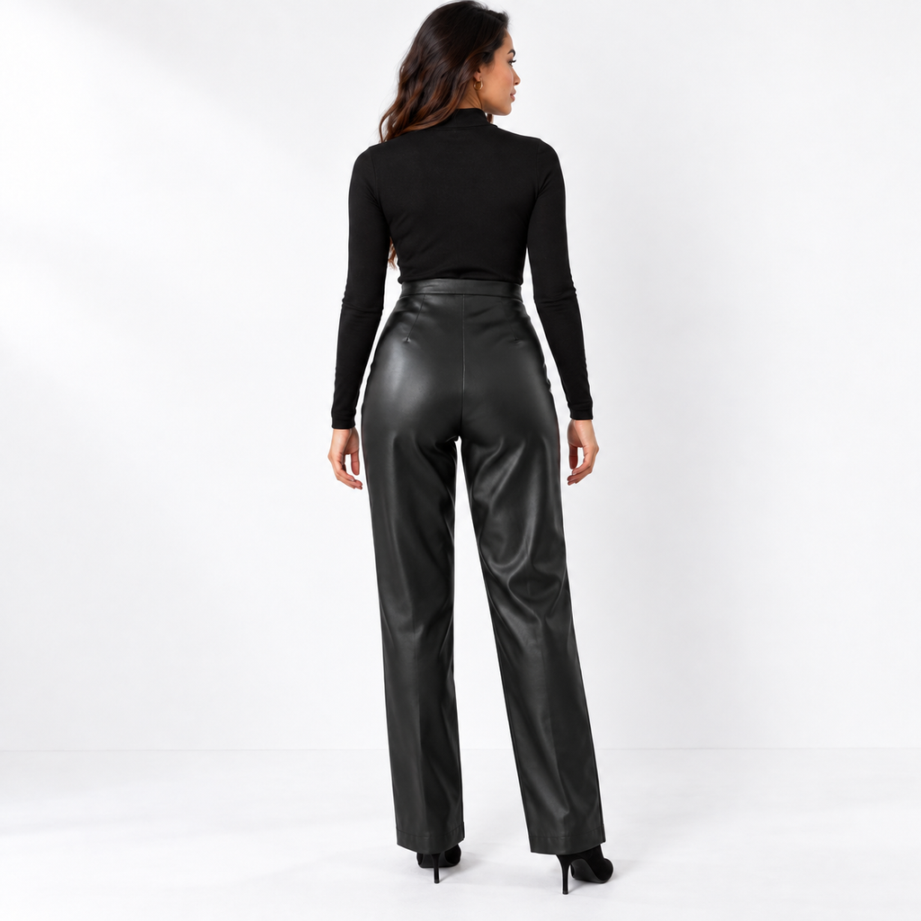 Womens High Waisted PU Leather Wide Leg Pants — black back