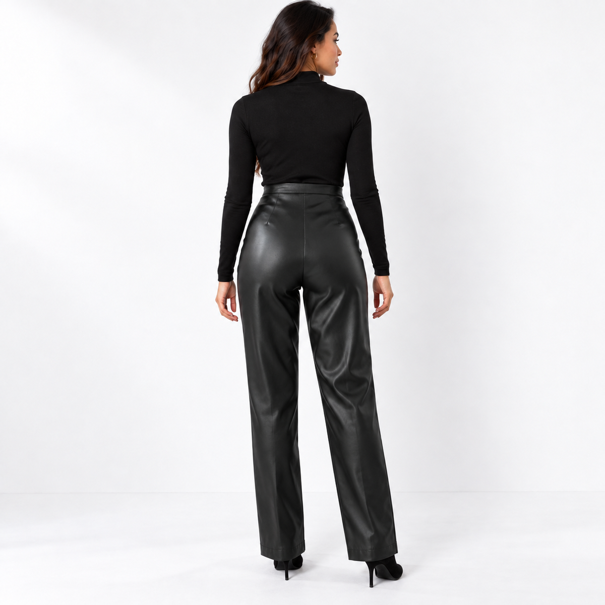 Womens High Waisted PU Leather Wide Leg Pants — black back