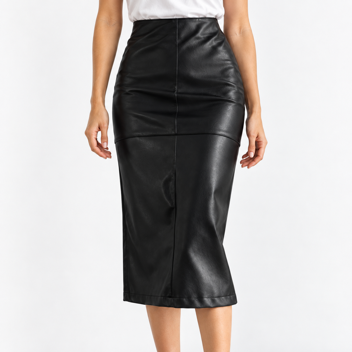 Women's High Waist PU Leather Pencil Skirt — black detail