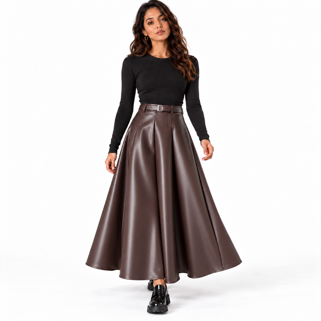 Women's High Waist PU Leather A-Line Skirt — brown front