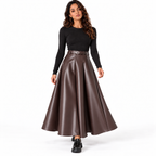 Women's High Waist PU Leather A-Line Skirt — brown front
