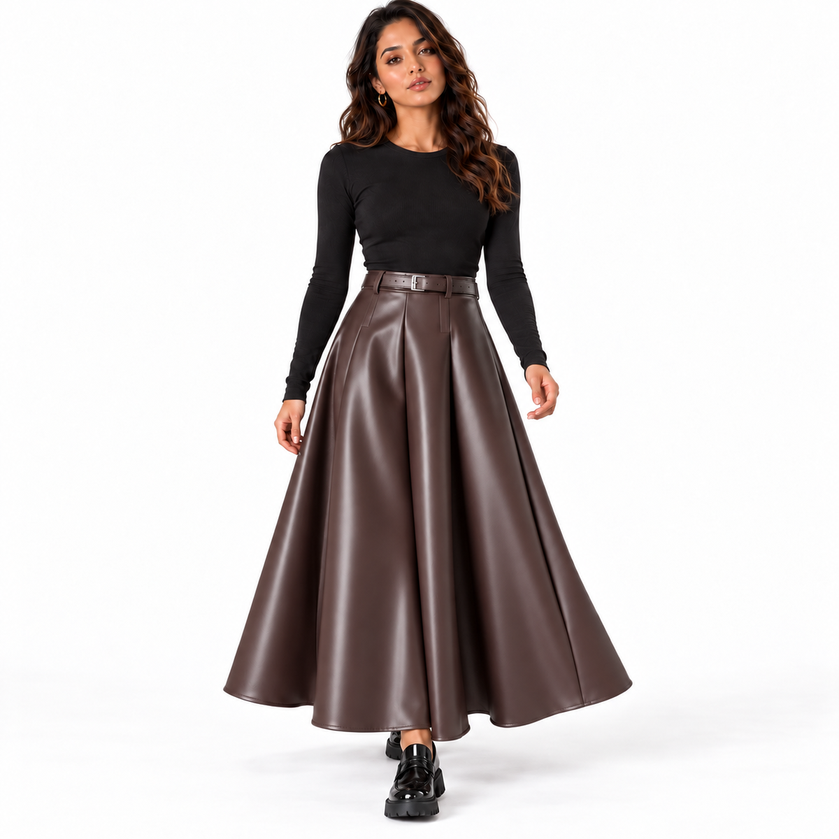Women's High Waist PU Leather A-Line Skirt — brown front