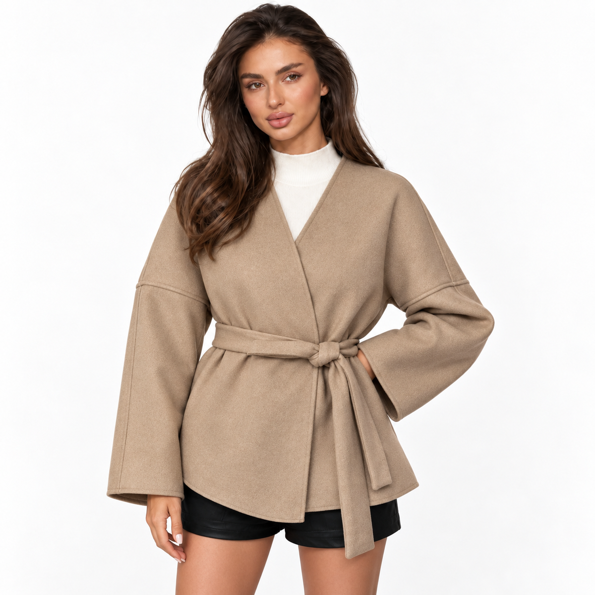 Womens Elegant Belted Trench Coat — khaki front