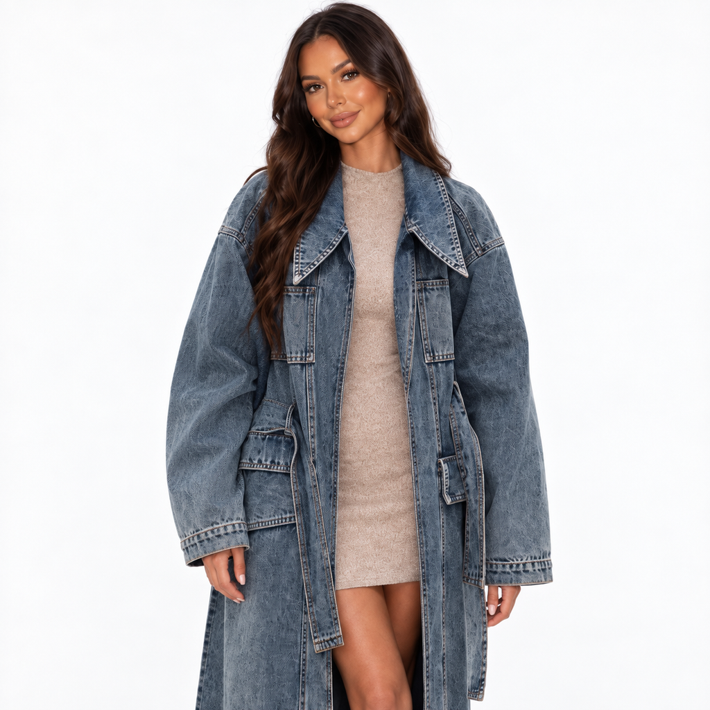 Women Long Denim Trench Coat — denim blue detail