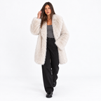 Womens Faux Fur Mid-Length Coat with Extended Collar — beige extended lapel front