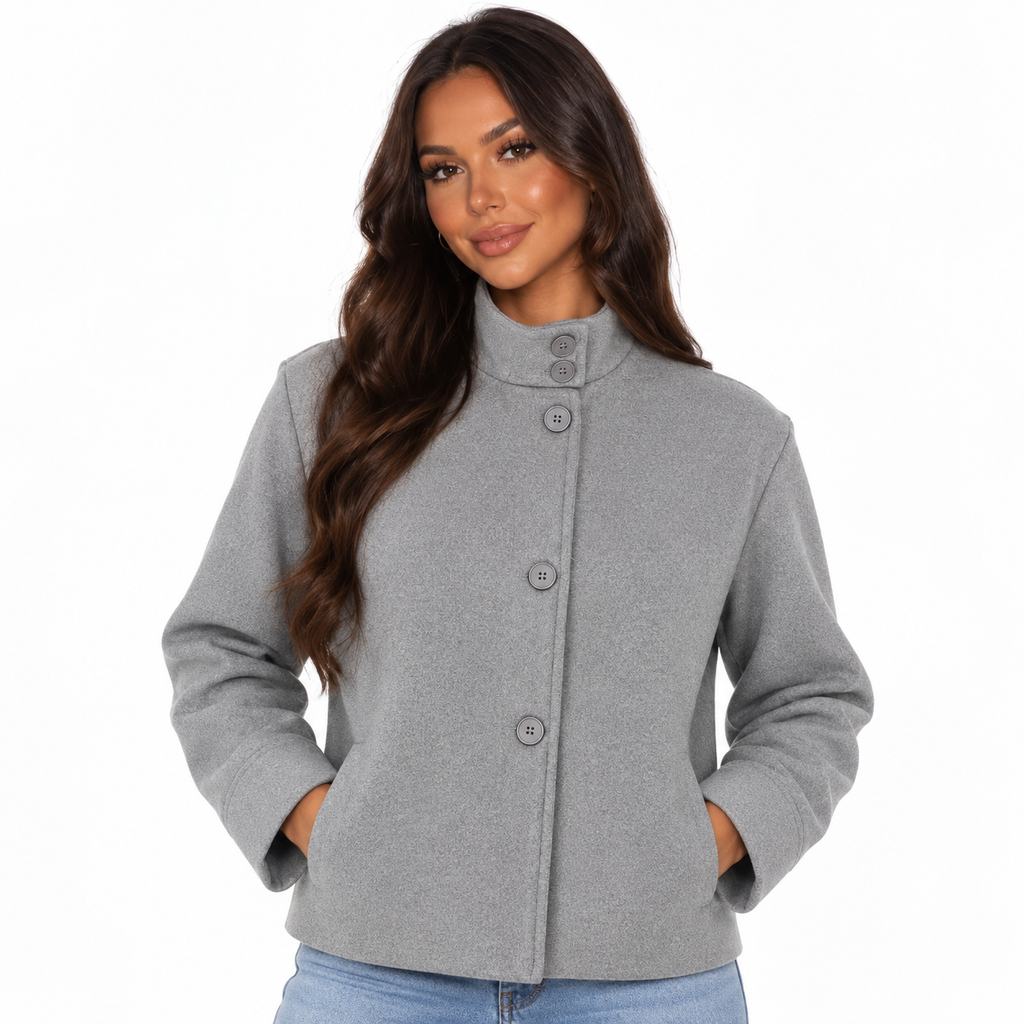 Womens Stand Collar Button Woolen Jacket — grey front