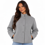 Womens Stand Collar Button Woolen Jacket — grey front