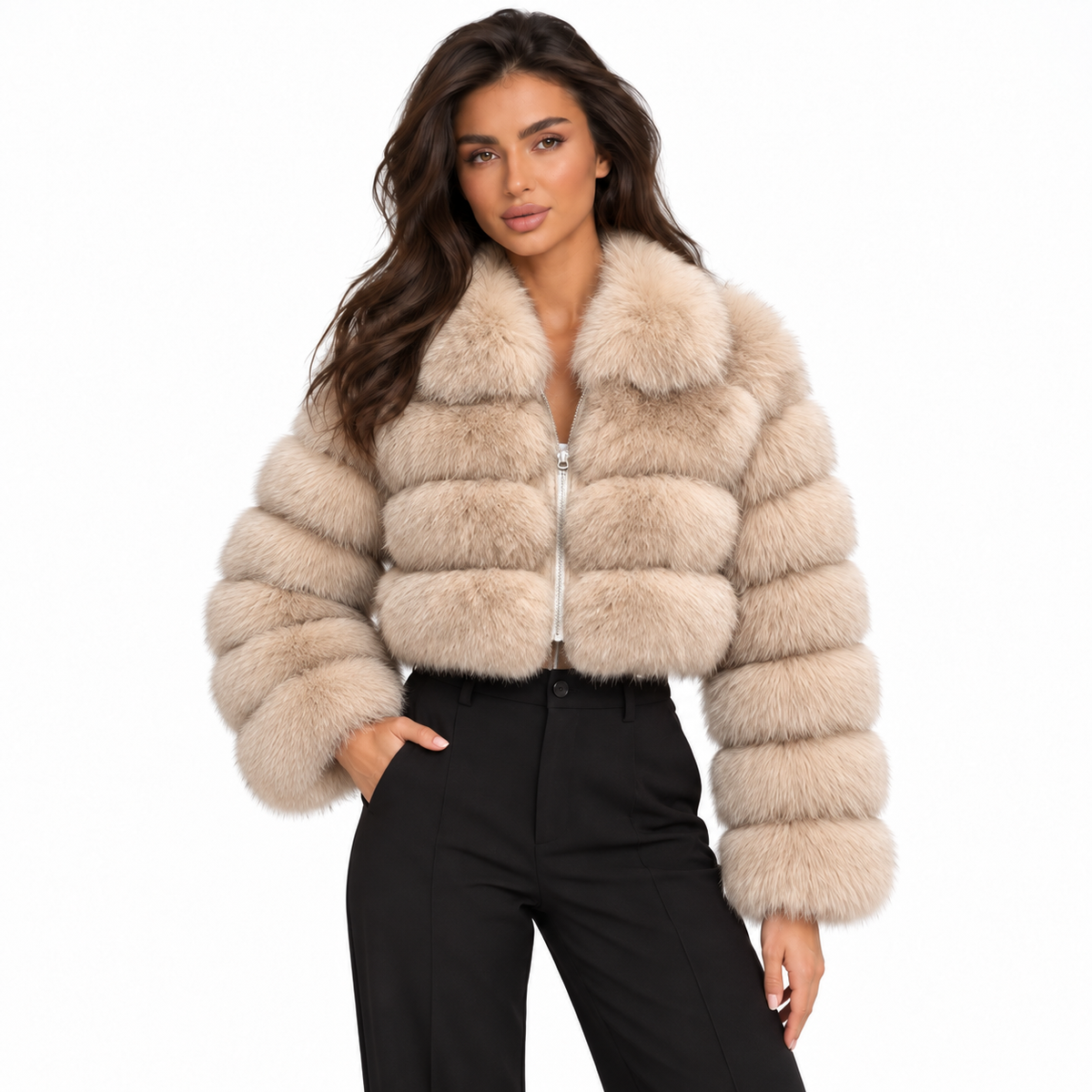 Women Imitation Fur Coat with Lapel Collar — rice camel front