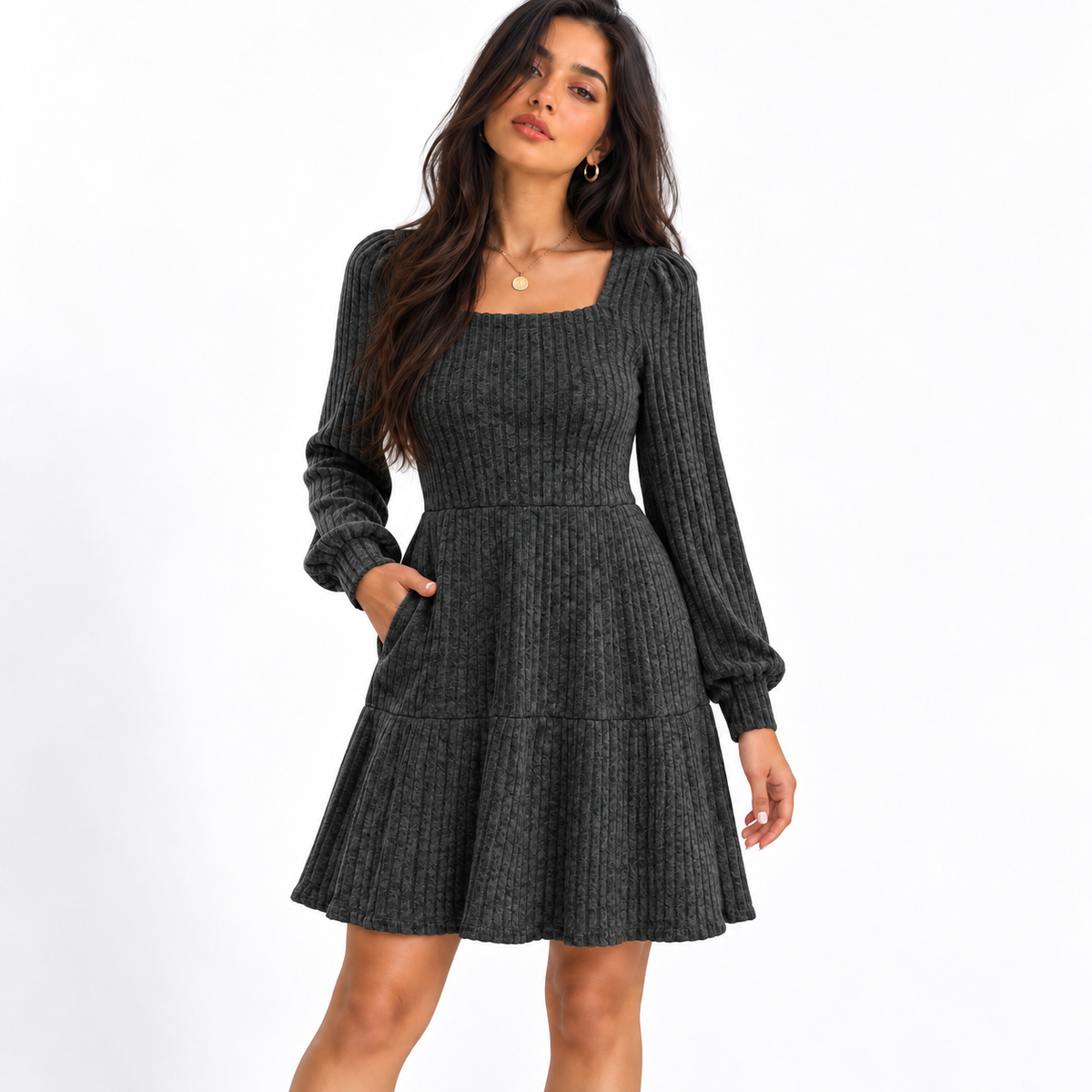 Women's Square Collar Long Sleeve Sweater Dress — dark gray front