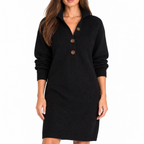 Casual collared loose-fitting mid-length sweater dress — black detail
