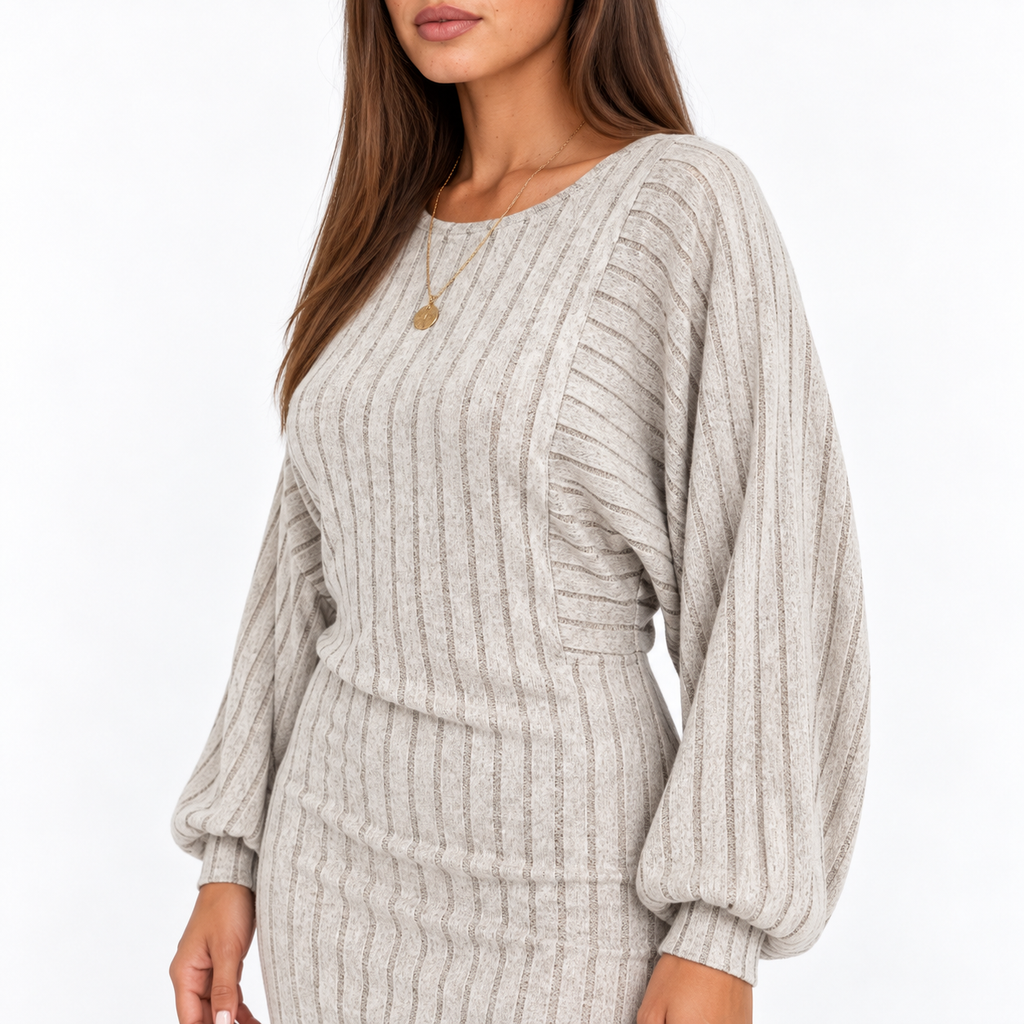 Irregular Hem Ribbed Knit Dress — apricot ash detail