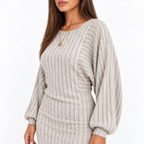 Irregular Hem Ribbed Knit Dress — apricot ash detail