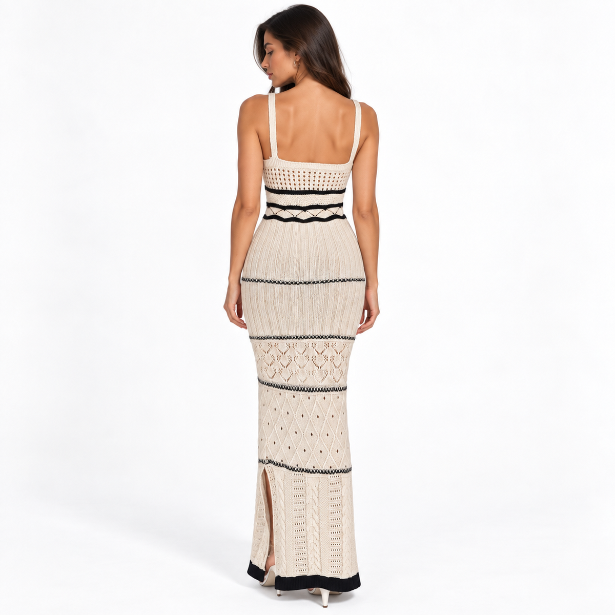 Off-Shoulder Striped Knit Long Dress — wo3842 white back