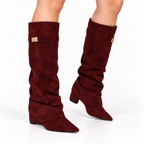 Women Pointed Toe Thick Heel High Boots — deep red front