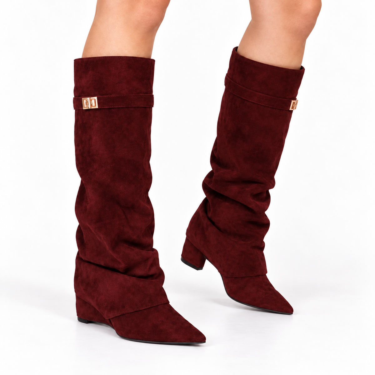 Women Pointed Toe Thick Heel High Boots — deep red front
