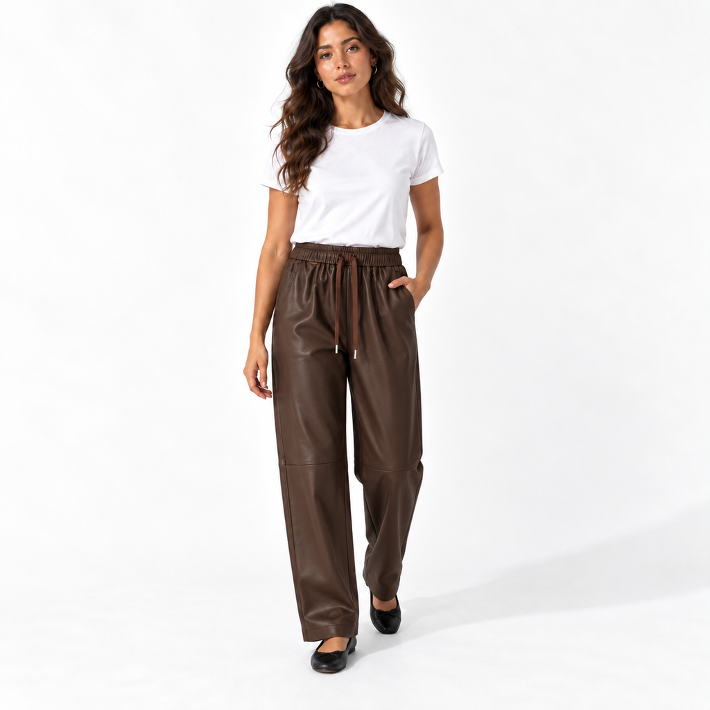 Women's Matte PU Leather High Waisted Tapered Pants — coffee front
