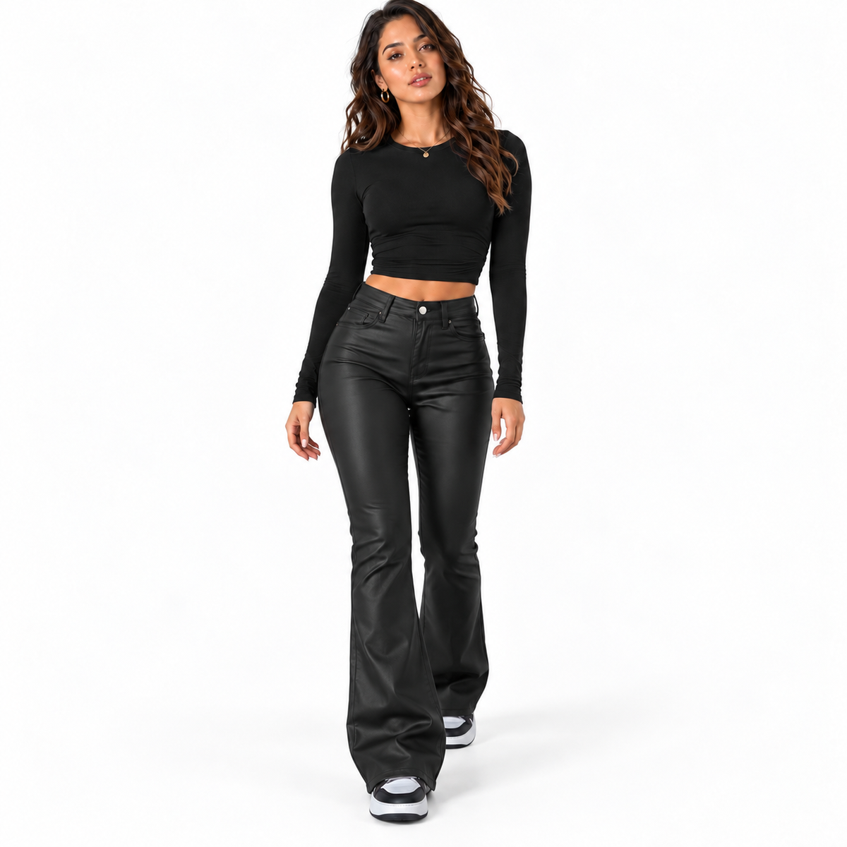 High-waisted leather pants — dark green front