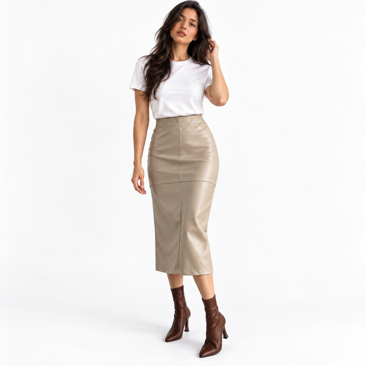 Women's High Waist PU Leather Pencil Skirt — apricot front