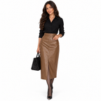 Genuine Leather A-Line Skirt with Front Slit — light coffee front
