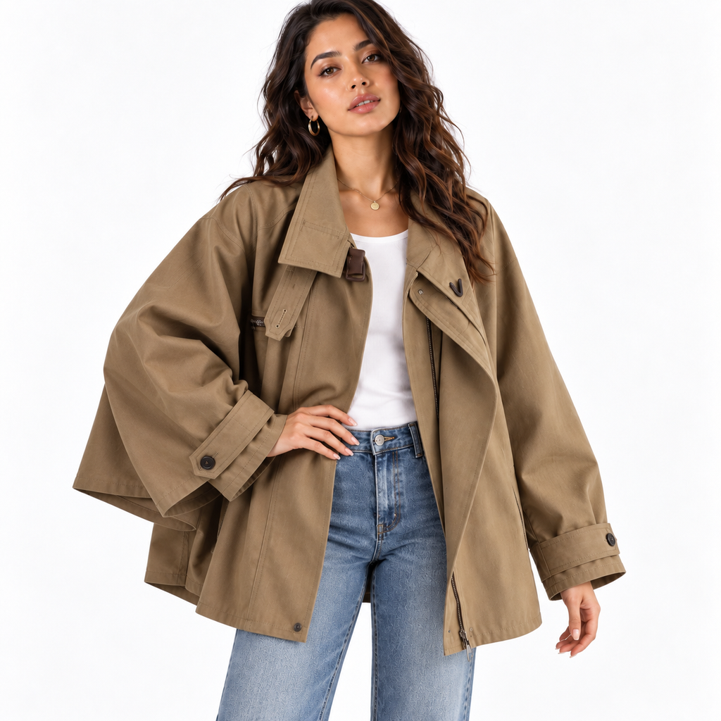 Women's Cape Style Short Trench Coat — off white front