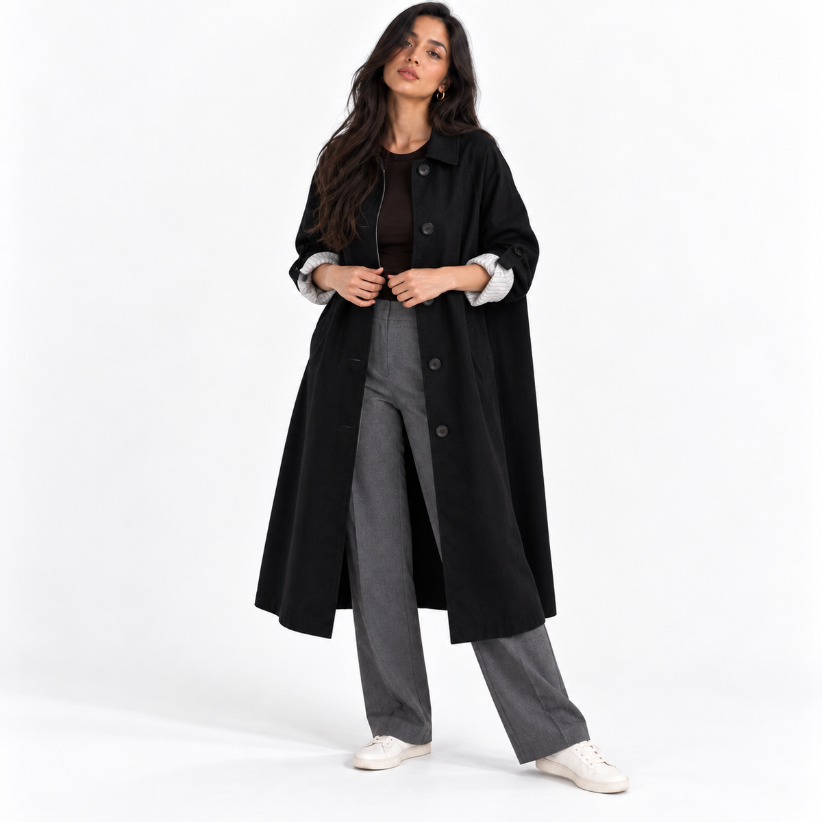 Womens Single-Breasted Long Trench Coat — black front