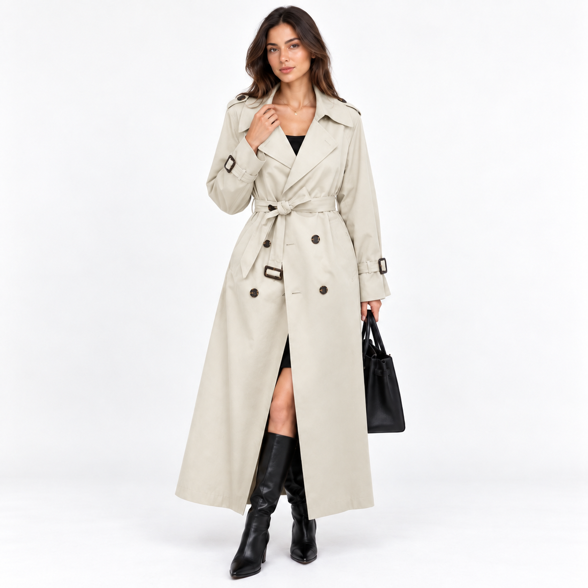 Women's British Style Mid-Length Windbreaker Coat — creamy white front