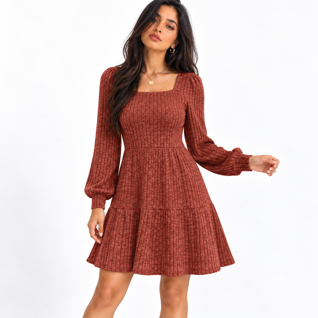 Women's Square Collar Long Sleeve Sweater Dress — brick red front