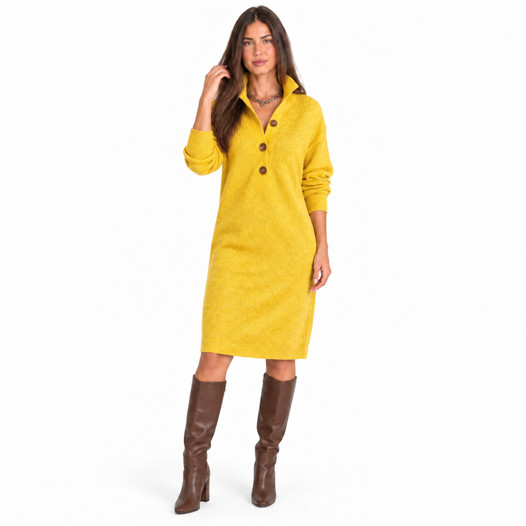 Casual collared loose-fitting mid-length sweater dress — yellow front