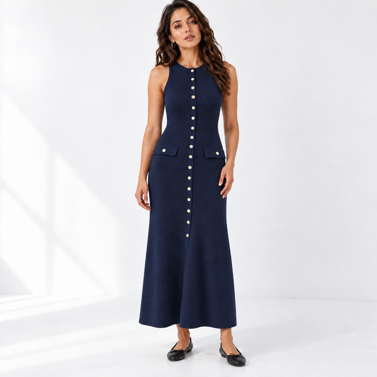 French Sleeveless Knit Dress — navy blue front