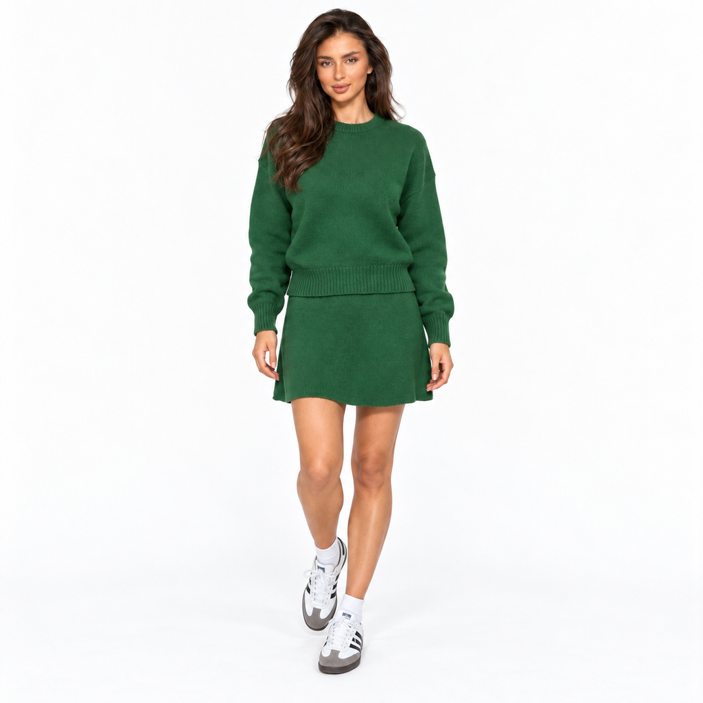 Women's Casual Knit Sweater and Skirt Set — green front