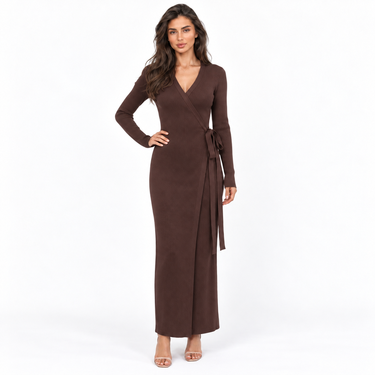 Long-Sleeve Knit Dress for Women — brown front