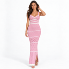 Off-Shoulder Striped Knit Long Dress — wo3842 pink front