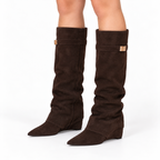 Women Pointed Toe Thick Heel High Boots — brown front